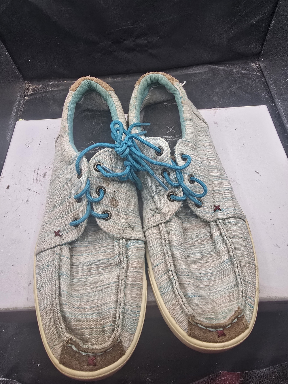 Ariat Light‎ Blue Canvas Slip-On Loafers with Turquoise Laces
